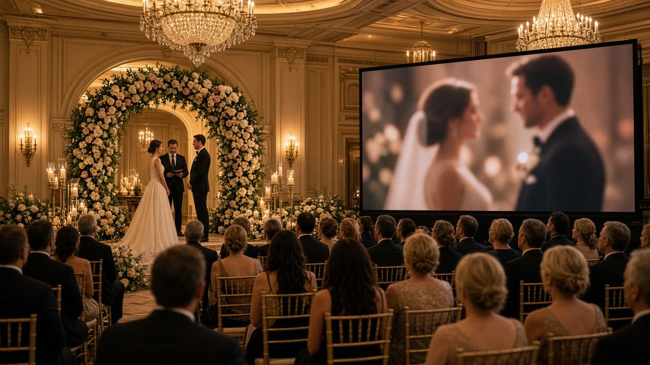 Giant LED screen showing a live ceremony view for seated wedding guests