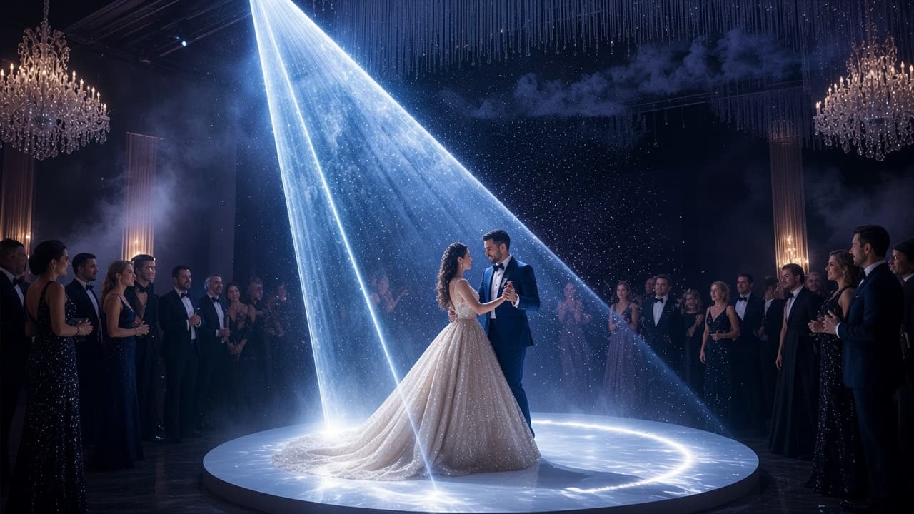 Wedding guests watching a couple dance inside a laser snowfall cone