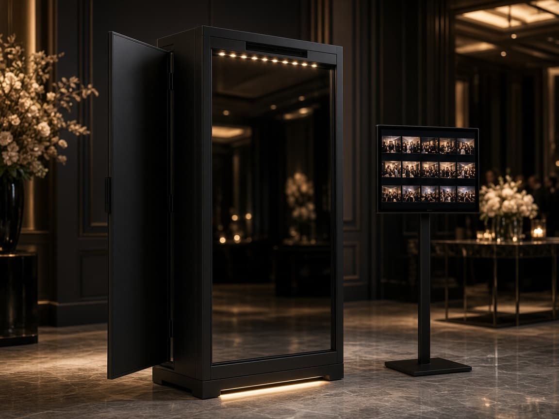 Mirror Photo Booth setup with professional lighting and a live slideshow display