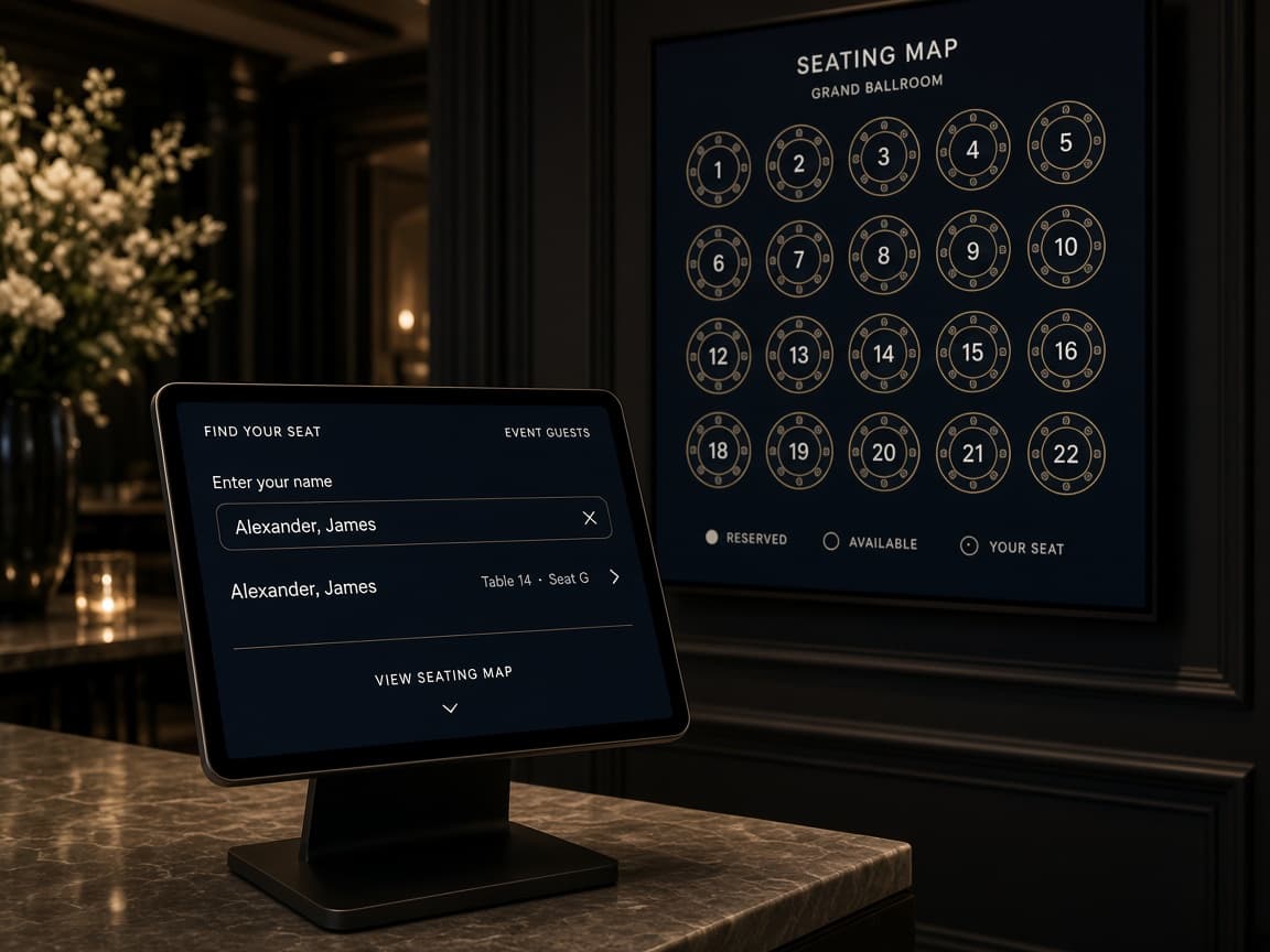 Tablet guest search and full digital seating map used for ZelphyPix Smart Seating
