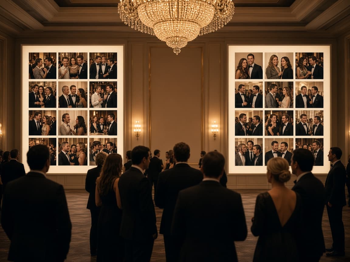 Two large-format vertical event screens showing guest photos in a ballroom