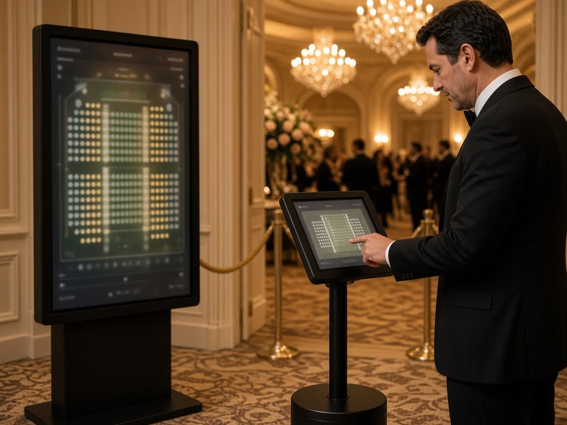 Smart Seating tablet station and large seating map at a ballroom entrance