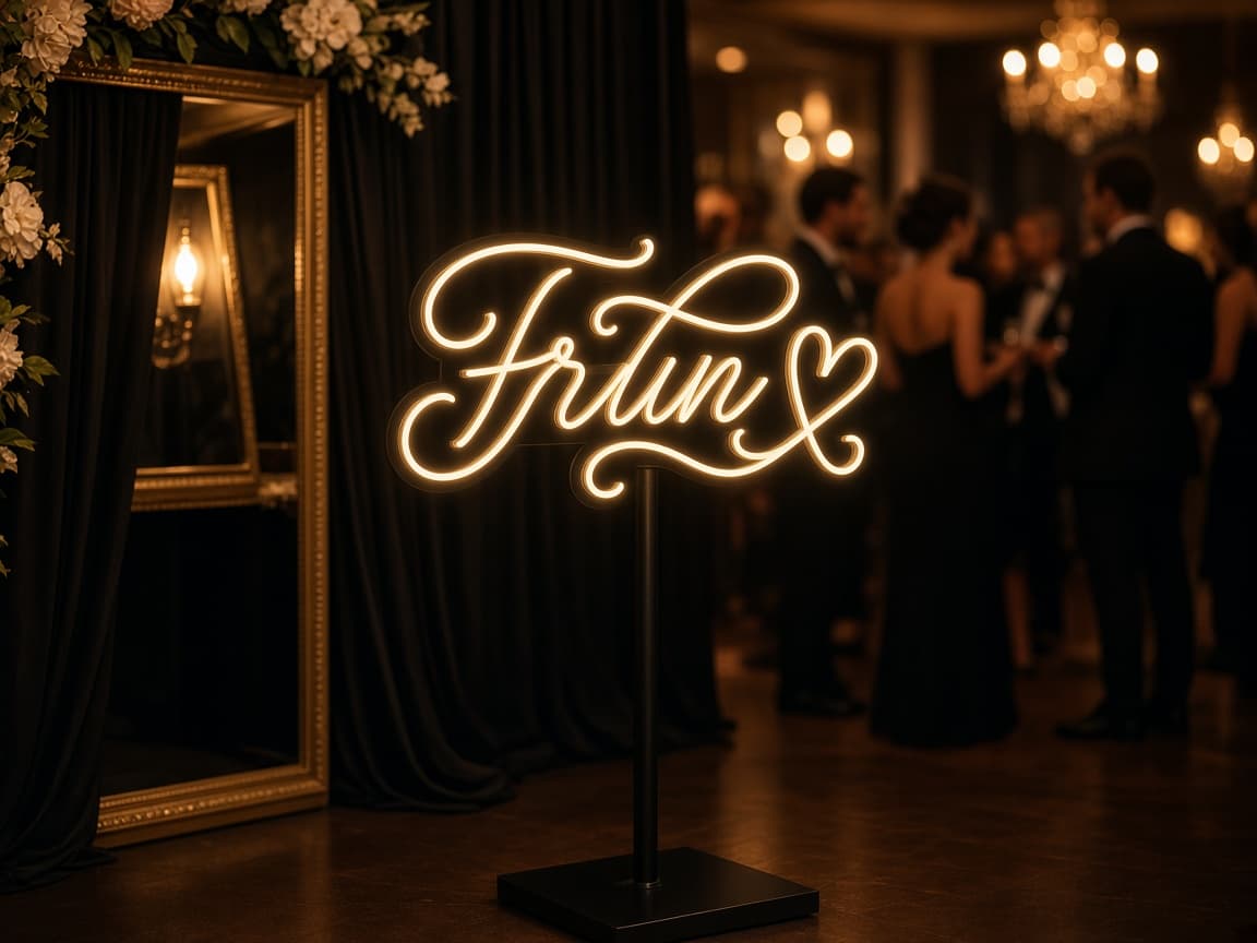 Warm custom neon sign used as a photo booth accent at a reception