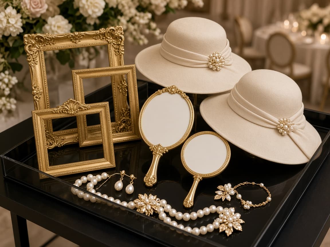 Tray of custom photo booth props including frames and accessories