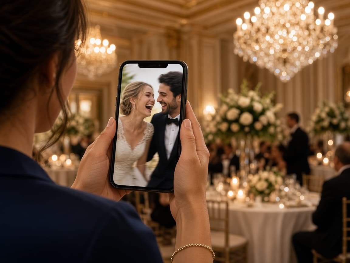 Guest viewing a looping photo booth clip on a phone at a reception