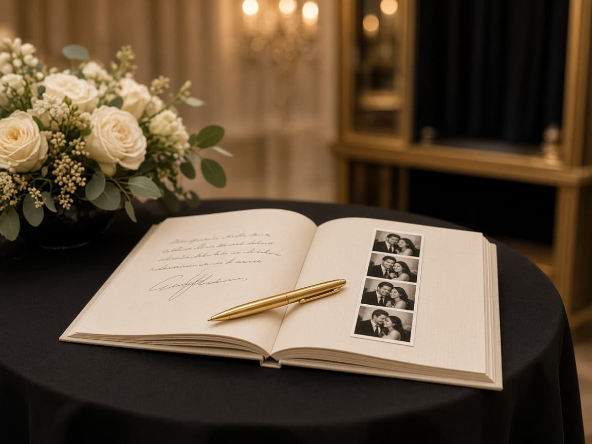Open wedding guest book with a photo strip placed beside a handwritten message