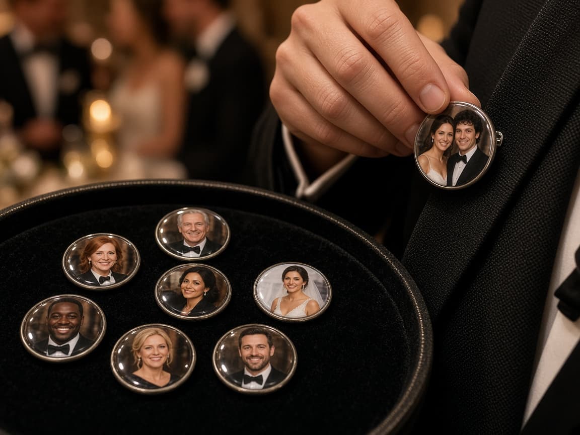 Custom photo buttons with guest portraits displayed on a velvet tray