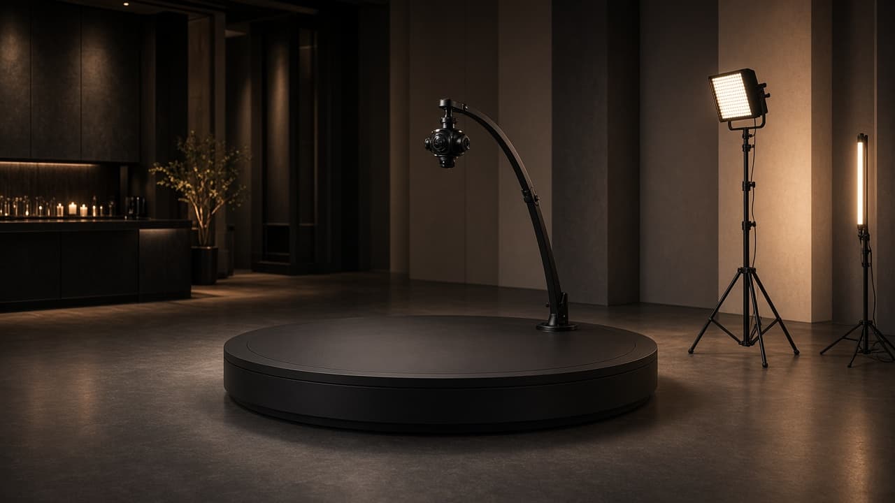 ZelphyPix 360 Video Booth platform with camera arm and professional lighting