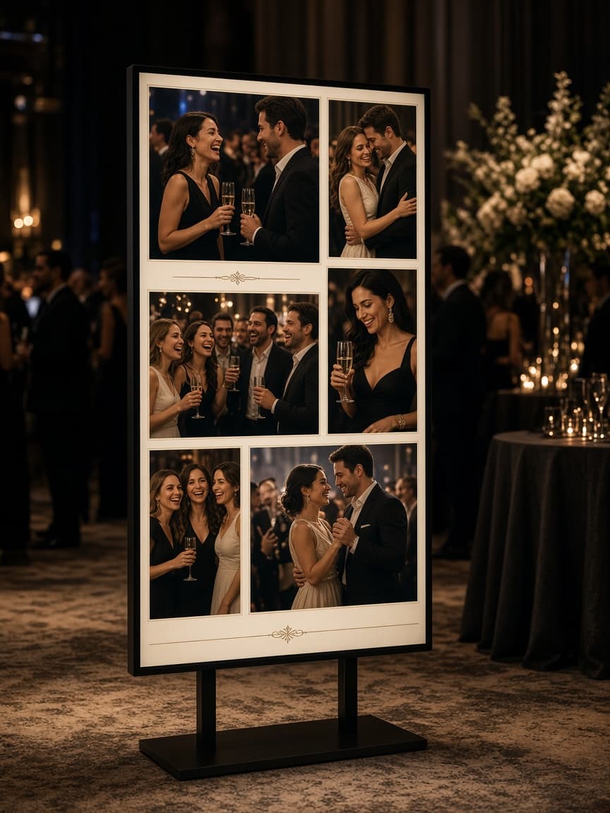 Large-format vertical Live Event Wall display showing guest photos at a reception