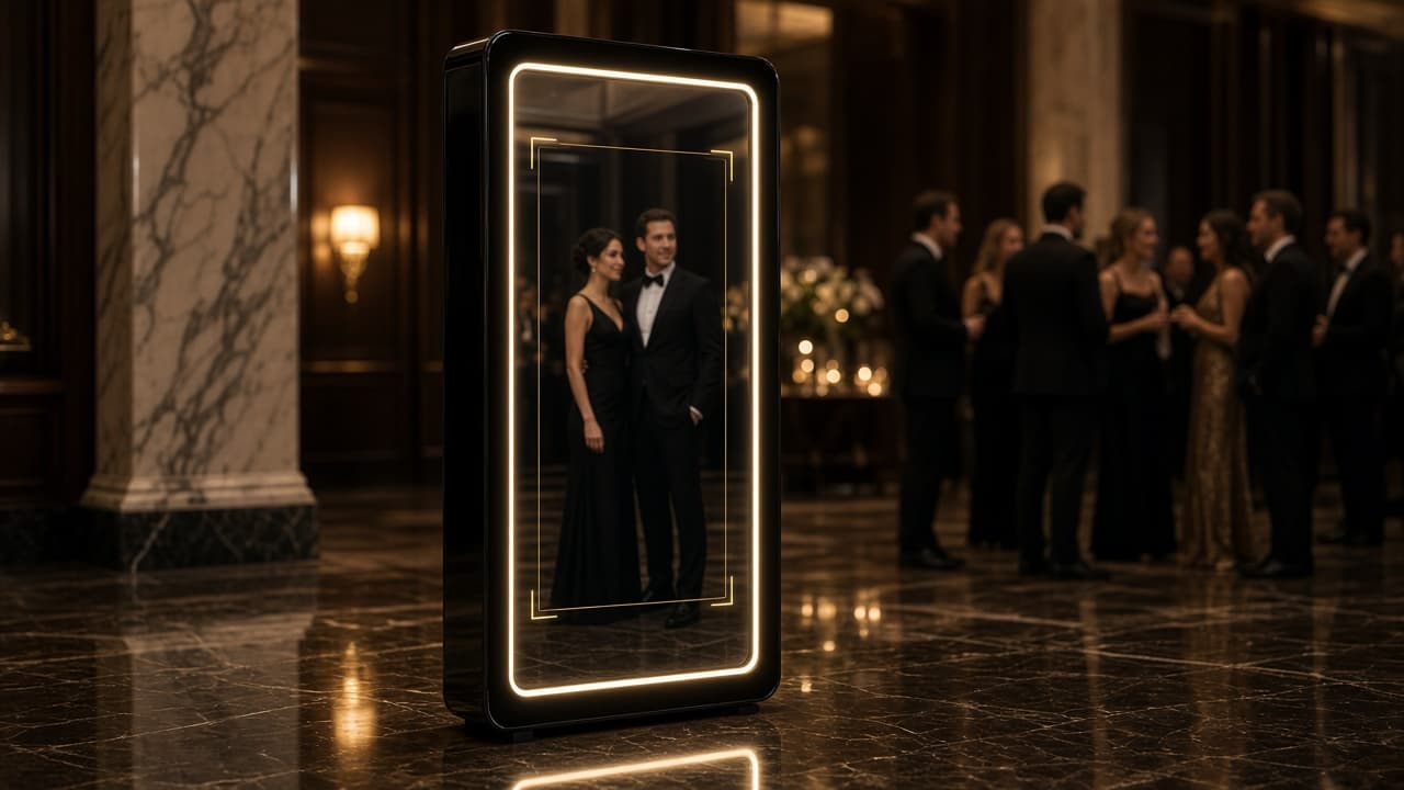ZelphyPix Mirror Photo Booth standing in a dimly lit premium event venue