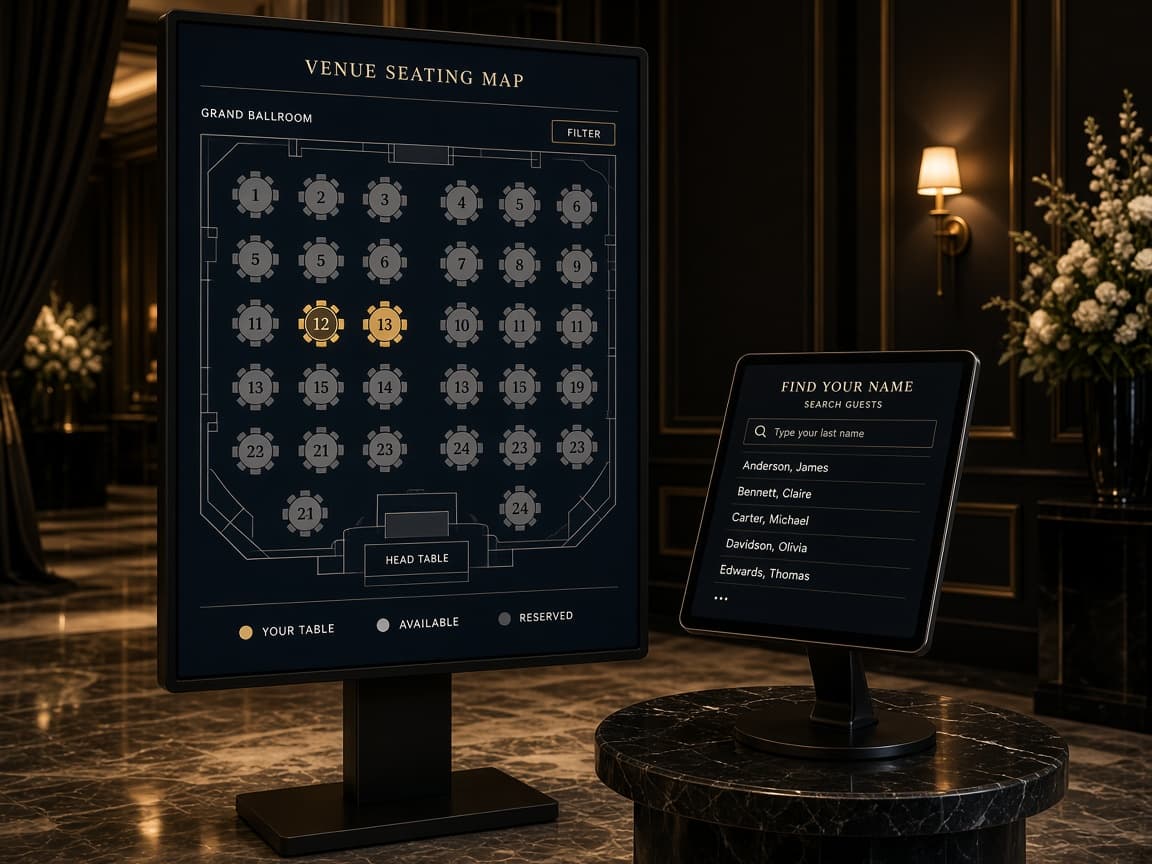 Smart Seating station with a large seating map display and tablet search stand